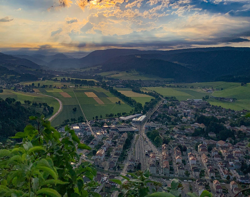 The famous watchmaking valley of Val-de-Travers, birthplace of the Leijona watches.